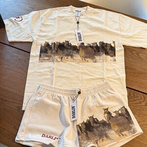 Darlin' Cream Graphic Tee & Shorts Set - Running Horses Print